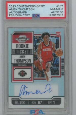 A 2023 Contenders Optic basketball trading card featuring Amen Thompson of the Houston Rockets, labeled as a rookie card. The card is graded NM-MT 8 by PSA, features his autograph, and is slabbed in a PSA case.
