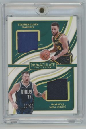 Basketball trading card featuring Stephen Curry and Luka Dončić, each with a fabric patch from their jerseys. The card is from the Immaculate Collection series and is encased in a protective plastic holder.