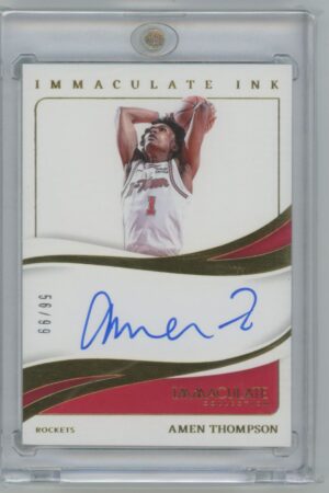 A basketball trading card featuring Amen Thompson in a white Rockets uniform, mid-jump shot. The card includes his blue autograph, the number 56/99, and IMMACULATE INK branding.