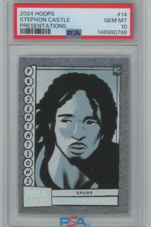 A 2024 Hoops Presentations basketball trading card featuring Stephon Castle of the Spurs, graded GEM MT 10 by PSA, with a stylized black-and-white portrait and the word PRESENTATIONS on the left side.