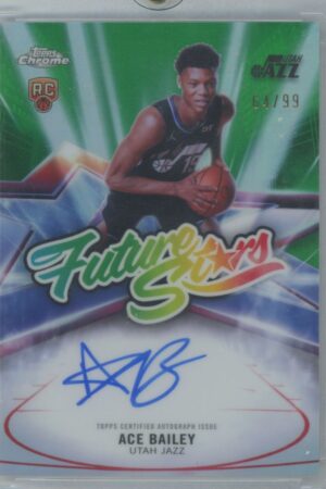 A basketball trading card featuring Ace Bailey of the Utah Jazz, labeled Future Stars. The card includes his autograph, jersey number 19, and is marked 64/99. Bright green and purple graphics are in the background.