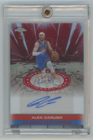 A basketball trading card of Alex Caruso in an Oklahoma City Thunder uniform, encased in a plastic holder. The card features his autograph and a serial number 3/5 in gold at the top left.
