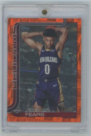 A basketball trading card featuring Jeremiah Fears of the New Orleans Pelicans wearing jersey number 0, posing with arms raised. The card has an orange border and is encased in a clear protective sleeve.