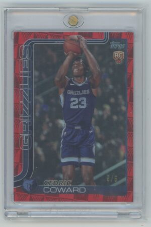 A basketball trading card features Cedric Coward of the Grizzlies in a blue uniform, jumping to shoot a basketball. The card has a red border, displays “GRIZZLIES” and “23,” and is encased in a protective plastic holder.