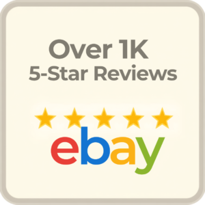A graphic with the text Over 1K 5-Star Reviews above five yellow stars and the eBay logo in colorful letters.