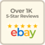 A graphic with the text Over 1K 5-Star Reviews above five yellow stars and the eBay logo in colorful letters.