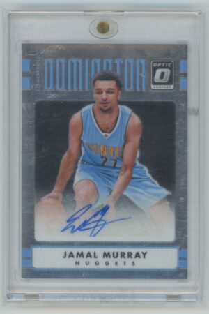 Basketball trading card of a Denver Nuggets player dribbling, wearing jersey number 27. The card is signed at the bottom and encased in a protective plastic holder. Dominator and Optic Donruss are visible.
