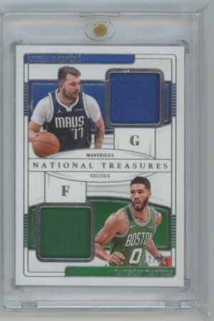 Basketball trading card featuring Luka Dončić (Mavericks) and Jayson Tatum (Celtics), each with a swatch of fabric in their team colors and their photos; card is encased in a protective plastic holder.