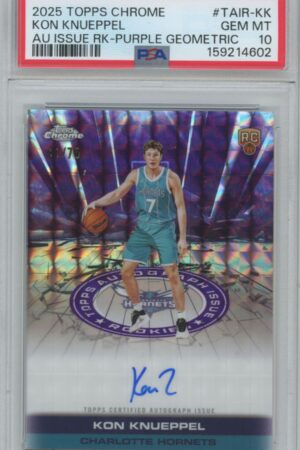 2025 Topps Chrome basketball trading card featuring Kon Knueppel of the Charlotte Hornets, with a purple geometric background, his autograph, and a PSA graded Gem Mint 10 label at the top.