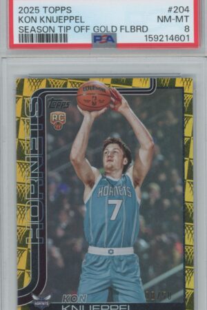 A 2025 Topps basketball trading card of Kon Knueppel (#204) in a Hornets uniform, mid-jump shot. The card is PSA graded 8 NM-MT and is numbered 08/50 with gold and black border accents.