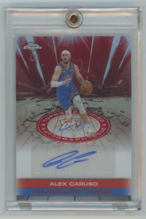 Alex Caruso Topps Chrome basketball card numbered 3/5 featuring an autograph and Oklahoma City Thunder branding, displayed in a hard plastic protective case.