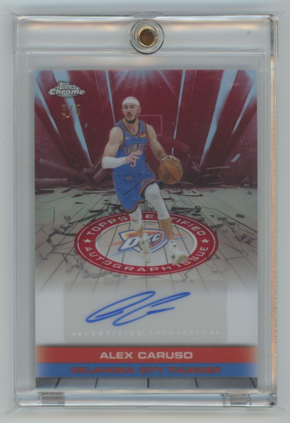 Alex Caruso Topps Chrome basketball card numbered 3/5 featuring an autograph and Oklahoma City Thunder branding, displayed in a hard plastic protective case.