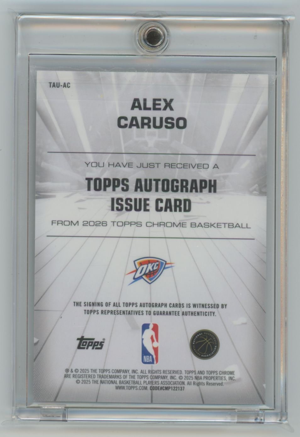 The back of a 2026 Topps Chrome basketball Alex Caruso autograph issue card, encased in a protective plastic holder.