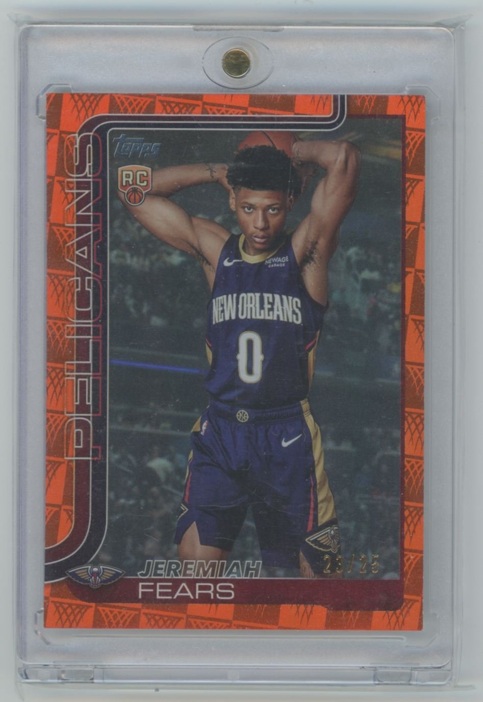 Jeremiah Fears New Orleans Pelicans rookie basketball card with an orange patterned border, encased in a protective plastic holder.