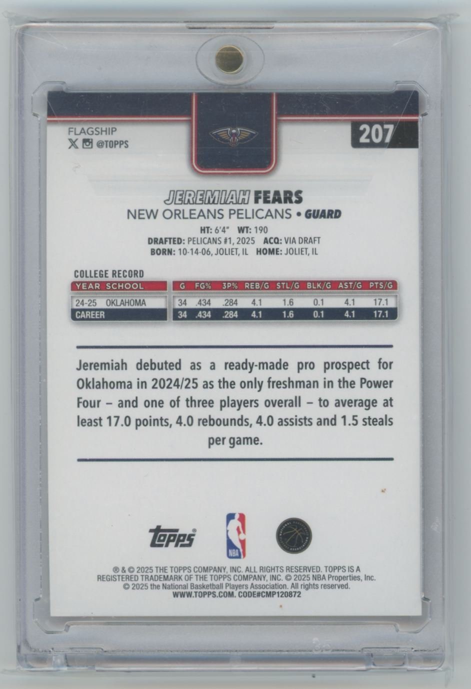 Back of a 2025 Topps basketball trading card for Jeremiah Fears, featuring his personal details, Oklahoma college statistics, and a summary of his freshman season.