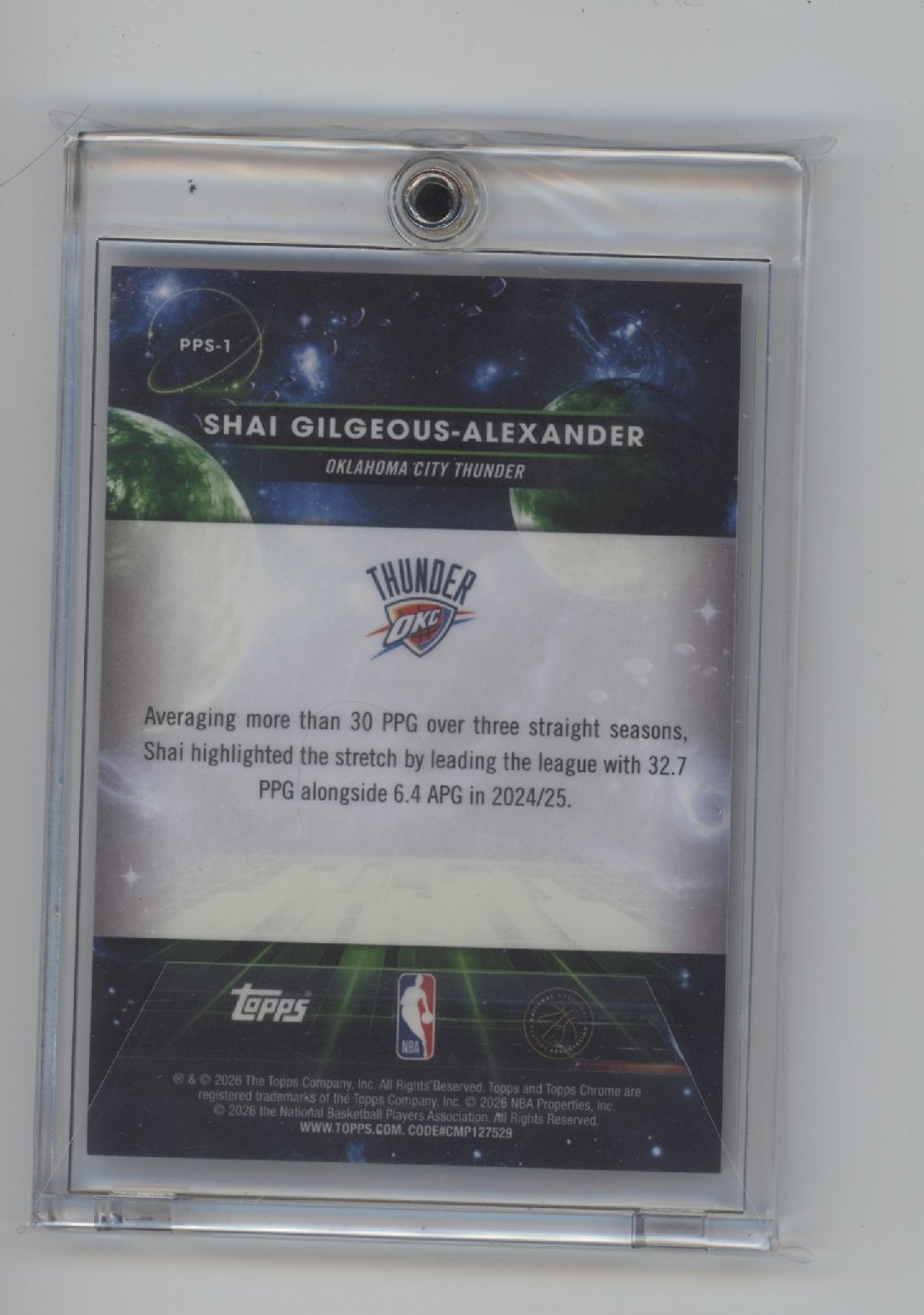 A basketball trading card for Shai Gilgeous-Alexander of the Oklahoma City Thunder is shown in a plastic sleeve, featuring career highlights and Topps and NBA logos at the bottom.