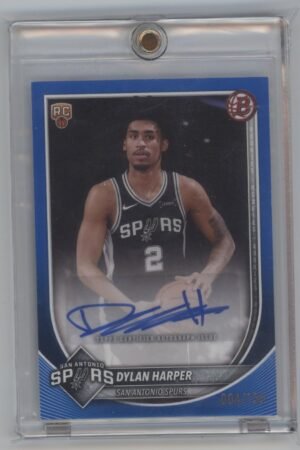 A basketball trading card of Dylan Harper from the San Antonio Spurs, featuring his autograph, RC and Topps logos, and numbered 004/199 in the lower right corner.