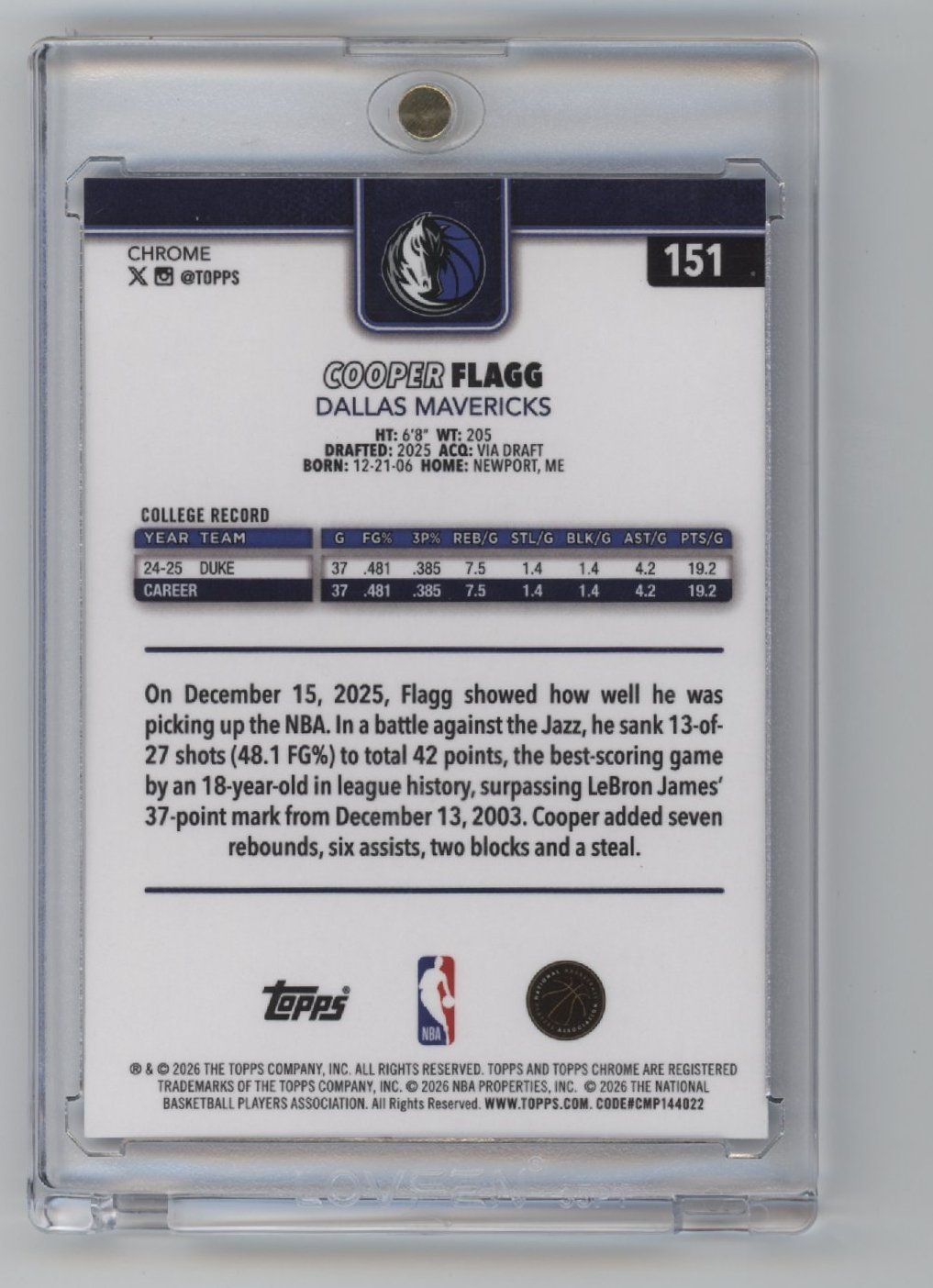 A basketball trading card for Cooper Flagg, Dallas Mavericks, showing stats, highlights, and a summary of his game performance against the Jazz and notable achievements.