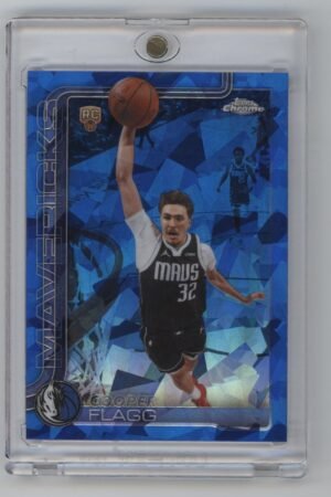 Basketball trading card featuring a player in a black MAVS jersey (#32), mid-air for a dunk, set against a blue geometric background. The card says MAVERICKS and COOPER FLAGG.